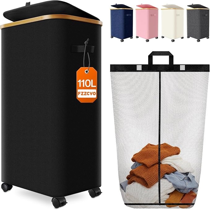 Laundry Basket with Wheels, 110L Large Rolling Laundry Hamper for Dorm by Fzzcvo
