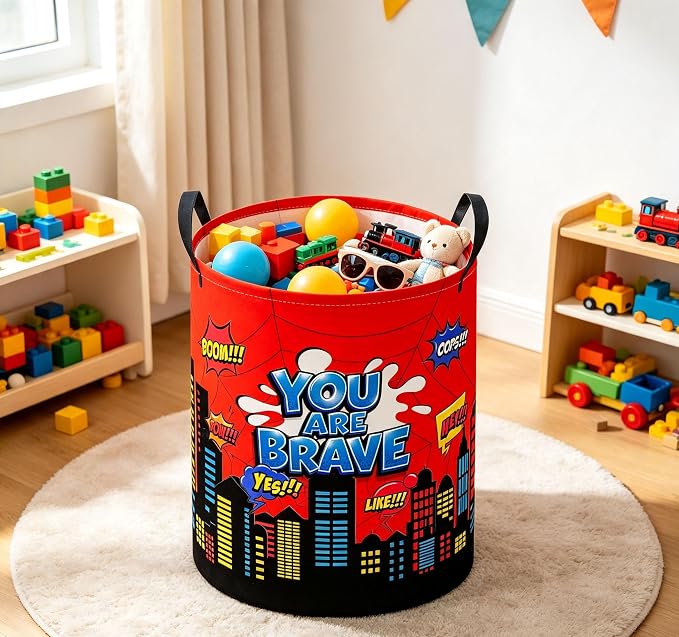 Baby Laundry Basket Baby Nursery Hamper Kids Laundry Basket Toy Storage Bin for Boys Room Decor Gift Baskets for Bedroom Bathroom(Red City) - Image 5