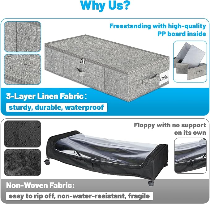 Under Bed Storage Container Bins 2 Pack, 4.5 Inch Slim Low Profile Underbed Clothes Storage Organizer for Dorm & Home, Use for Blanket and Toy Storage Box W/ Sturdy Bottom/Sides, Foldable Thick Fabric - Image 8