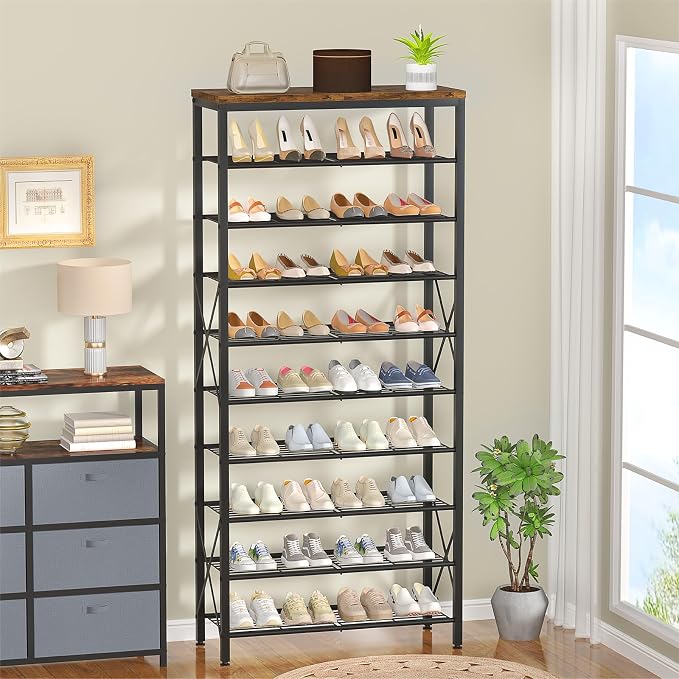 10-Tier Shoe Rack Holds 40 Pairs, Space Saving Shoe Organizer for Entryway Closet Apartment, Industrial Metal Shoe Shelf with Wooden Top, Rustic Brown - Image 7
