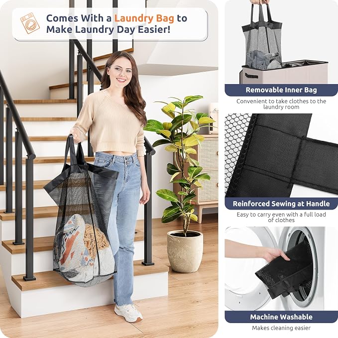 SOLEDI Large Laundry hamper 3 Section with Laundry Bag, XL Clothes Basket - Image 4