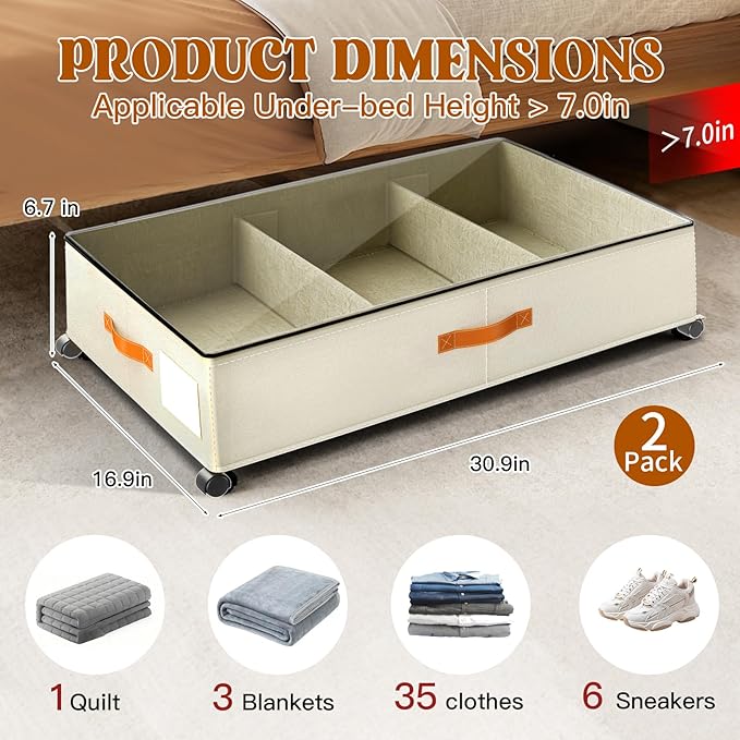 Under Bed Storage with Wheels, Rolling Storage Containers with Clear Lid and Handles for Clothes, Shoes, Blankets, Pillows, Toys, Books, Bags (60L, 30.9 x 16.9 x 6.7in, Beige, 2 Pack) - Image 2