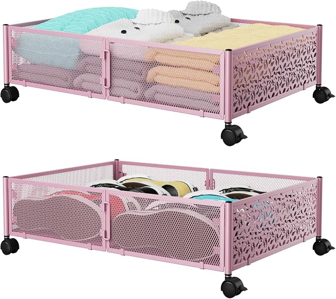 PHINOX Under Bed Storage Container with Wheels,Patterned,Metal,2 Pack,Pink | Tool-free assembly, glide smoothly, easy reach, foldable, maxmazie low-profile beds, dorm, keep seasonal clothes, shoes fresh by PHINOX
