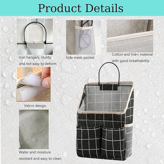 2pcs Wall Hanging Storage Bag,Wall Hanging Organizer Bags with Pockets, Wall Organizer Storage for Dormitory Bathroom Bedroom Kitchen(Black Grid), 0229-xmbsometeth - Image 3
