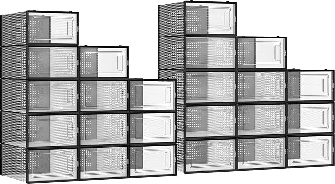 SONGMICS Shoe Boxes, Clear Plastic Sneaker Box, Pack of 24 | Stackable Shoe Storage Organizers, for Closet, 13.1 x 9.1 x 5.6 Inches, Transparent and Black, DENNYS Collection ULSP906B12 by Unknown