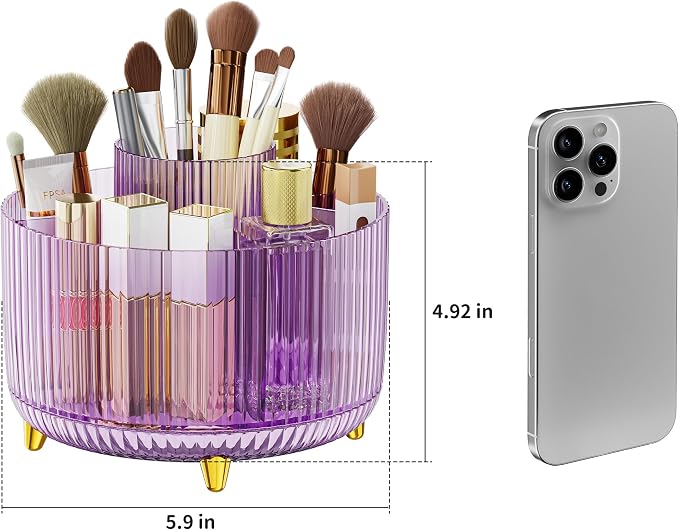 Clear Rotating Makeup Organizer Countertop for Vanity, 360° Makeup Brush Holder Organizer with 5 Compartments, Transparent Cosmetic Storage for Lipstick, Skincare, Bathroom Counter(Transparent Purple) - Image 4