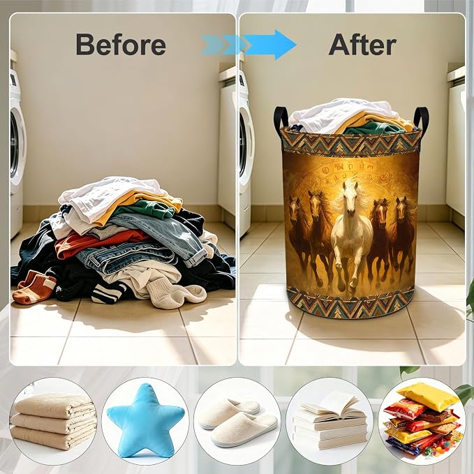 Western Horse Laundry Basket Foldable Laundry Hamper With Handles Clothes Storage Bucket Organizer Laundry Bag For Bedroom Bathroom Laundry Storage 19.6 x 15.7 - Image 4