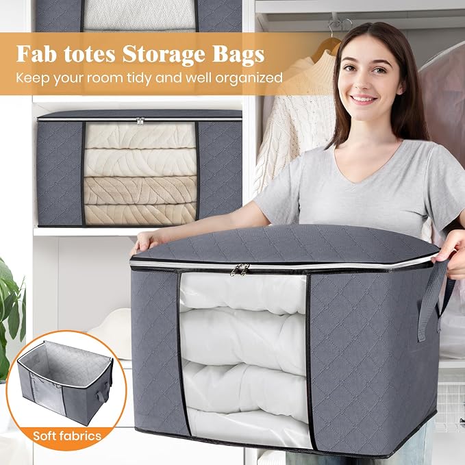 Fab totes 90L Clothes Storage, Foldable Thick Fabric Blanket Storage Bags | Foldable Containers with Zippers,Window and Handles for Organizing Bedroom, Closet, Comforter, Bedding,Dorm essentials - Image 5