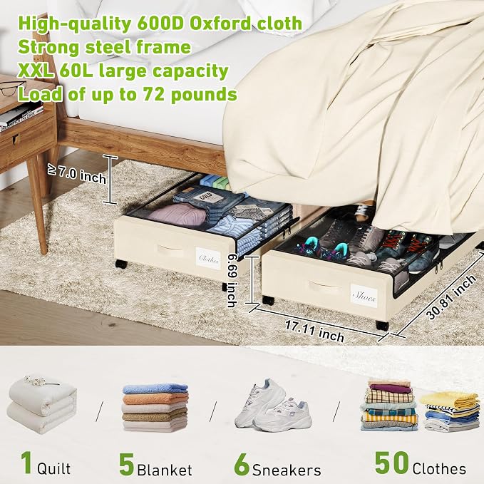 Tututry Under Bed Storage with Wheels, XXL 60L Under the Bed Storage Bins, Underbed Storage Containers with Lids & Label, Rolling Metal Drawer for Shoes, Clothes, Books, Toys (4-Pack Beige) - Image 2