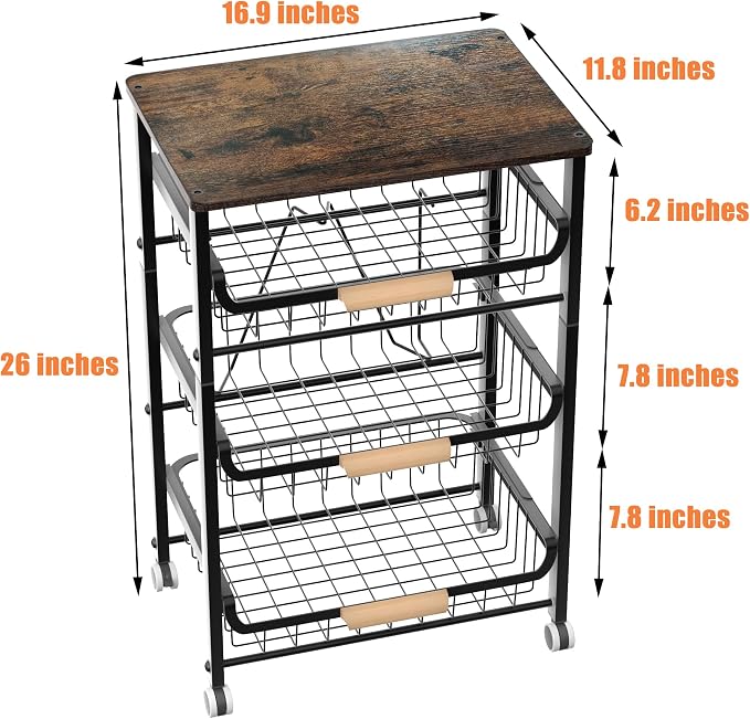 NiuYichee 4-Layer Fruit Basket Kitchen Food Organizer and Rack, Stackable Storage Cart with Desktop, Pull-Out Hollow Metal Basket, Sliding Out Storage (Black 4-Layer Rack) - Image 3