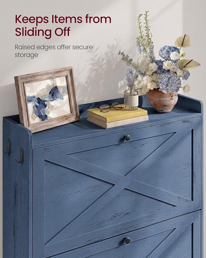VASAGLE Narrow Shoe Storage Cabinet Organizer with 2 Flip Drawers | Freestanding Shoe Rack, Fits 14 to 16 Pairs, for Entryway, Farmhouse Style, Rustic Blue, HAINS Collection UHSC203QR01S - Image 6