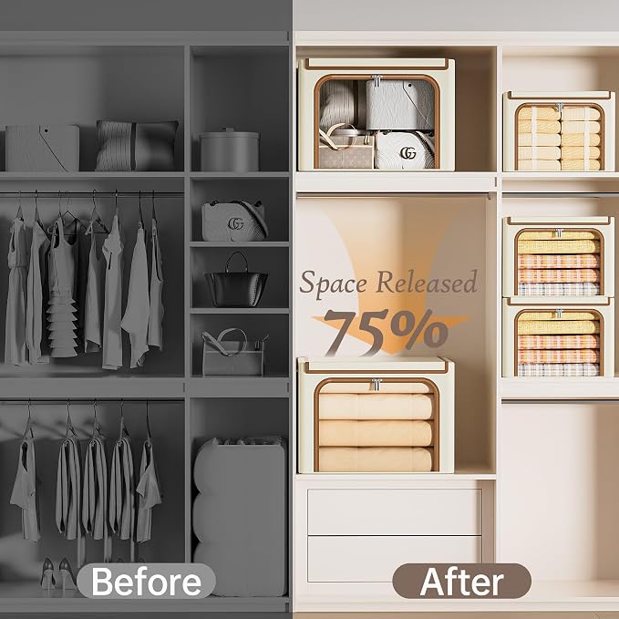 Yecaye Clothes Storage Bins with Lids & Clear Window, Beige, 40L, 3 Pack | Metal Frame, Foldable, Organizer Box Zippers & PU Leather Handles - Image 7
