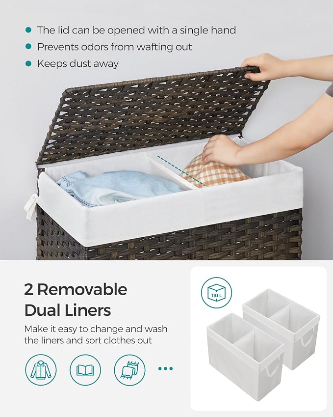SONGMICS Laundry Hamper with Lid, 110L Double Wicker Basket, 6 Mesh Bags - Image 3