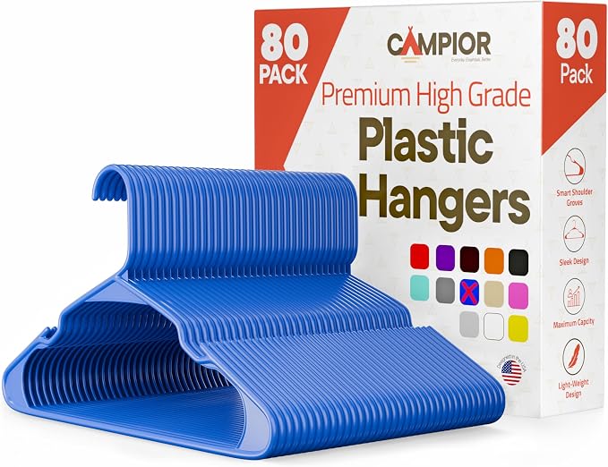 Plastic Clothes Hangers – Heavy Duty Hanger Set, for Organizing Clothes, Dresses, and Coat, Holds Up to 5 lbs, Space-Saving Hangers with Non-Slip Shoulder Grooves, Pack of 80, Blue by Campior