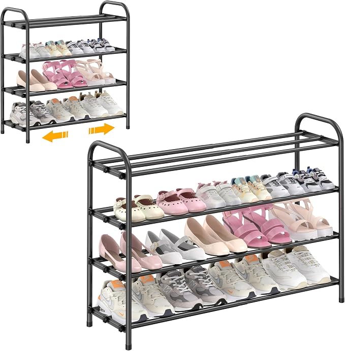 Hleelomi 4-Tier Metal Expandable Shoe Rack for Closet and Entryway, Black by Hleelomi