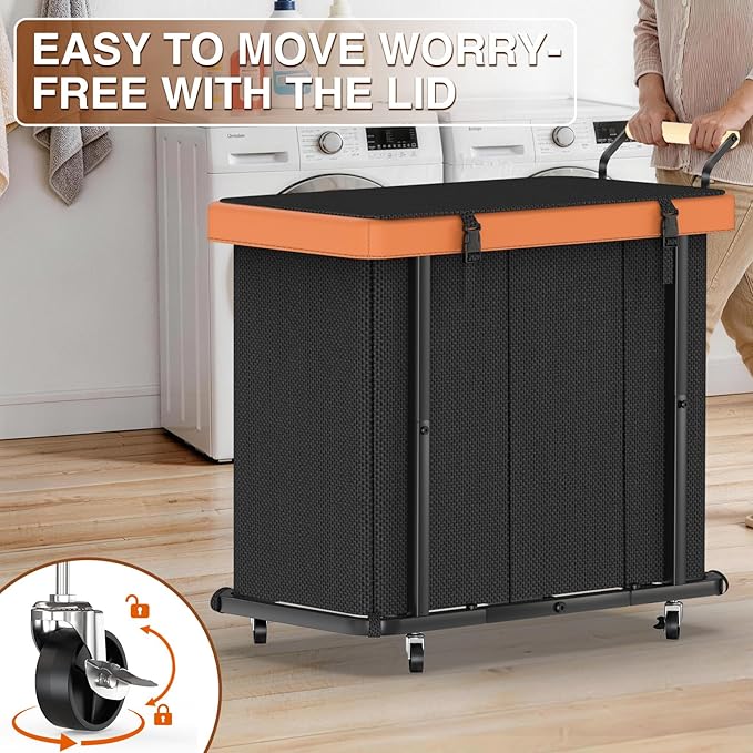 Rolling Laundry Hamper with Wheels, Laundry Hamper 3 Section with Lid Black - Image 3