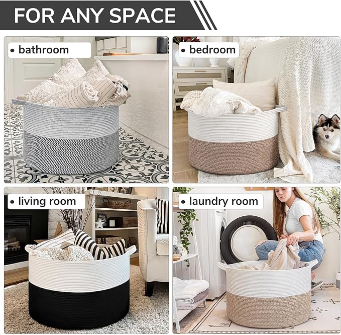 INDRESSME XXXLarge Woven Rope Blanket Basket Living Room White Black, 90L - Image 5