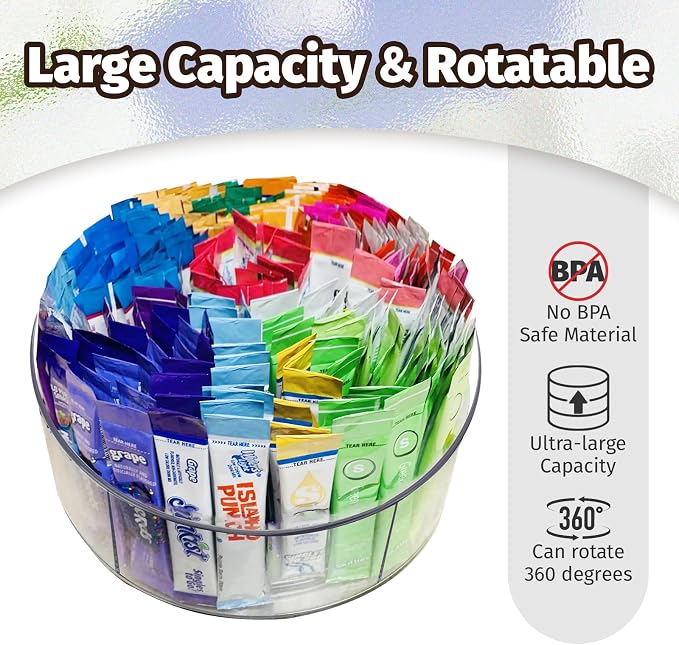 Drink Packet Organizer for Powdered Drink Mix,Powder Packet,Water Packet,Water Flavor Packet,hydration packets, Lazy Susan 360° Turntable Organizer for Drink Mix Necessities - Image 3
