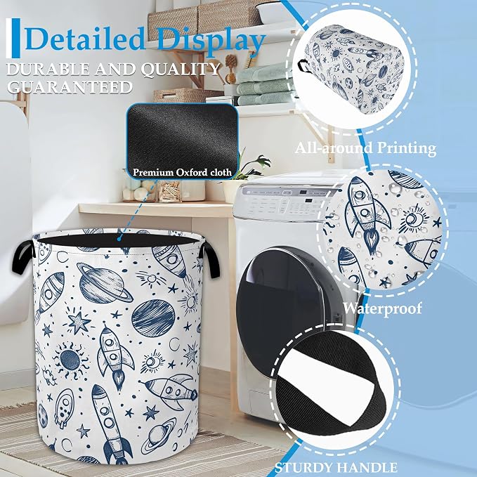Vintage Planet Rocket Laundry Basket Collapsible Laundry Hamper Clothes Storage Bin for Bathroom Bedroom Room Decor 16" X 20.8" - Image 3