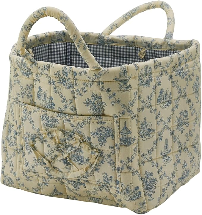 Quilted Fabric Storage Basket with Handles & Pocket, Foldable Laundry Hamper Boho Floral Print Organizer Bin for Home, Picnic, Office 12"x10"x10" (B-3) by Unknown