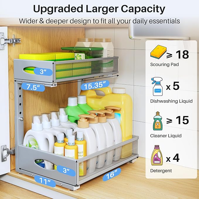 Under Sink Organizer, 2 Pack 2 Tier Pull Out Under Cabinet Organizer Shelf with Pad for Framed Cabinets, Metal Slide Out Under Sink Storage, Mesh Sliding Drawers for Kitchen Bathroom Laundry, Grey - Image 4