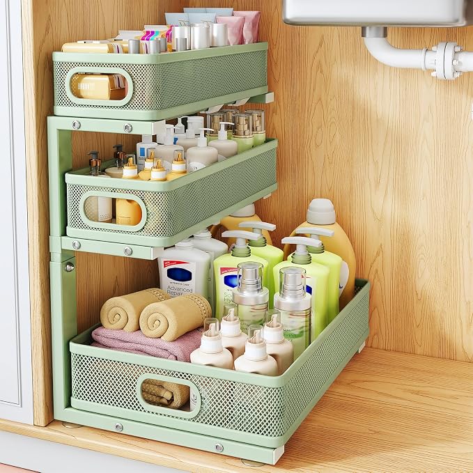 Under Sink Organizer, 3-Tier Thickened Metal Pull out Cabinet Organizer Shelf, Height Adjustable Slide out Storage Drawer Rack for Kitchen Bathroom Pantry Laundry Home Organization, 1-Pack, Green by HERJOY