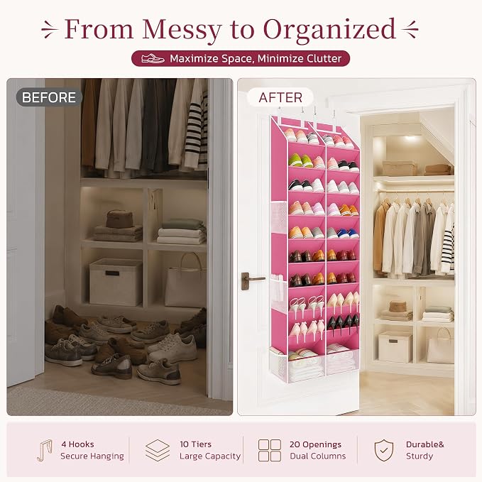 Criusia Over the Door Shoe Organizer, 20-30 Pairs Heavy-Duty Hanging Shoe Storage with Large Pockets, 10-Tier Door Shoe Rack with 4 Hooks for Sneakers Sandals Heels Boots (Pink) - Image 2
