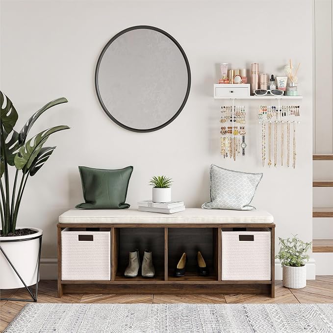 VINAEMO Jewelry Organizer Hanging Wall Mounted Jewelry Holder with Rustic Wood Drawer & Large Capacity Storage Shelf Rack Display for Earrings Rings Necklaces Bracelet(White Iron) - Image 8