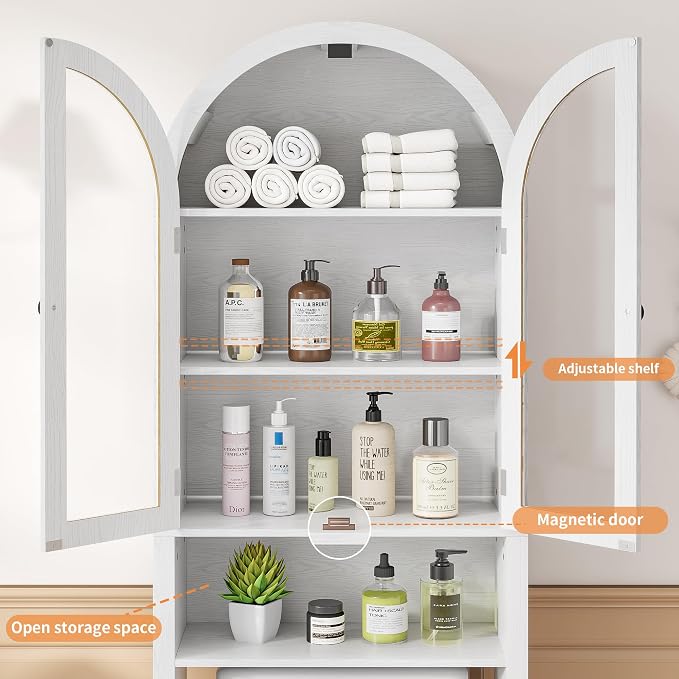 Arched Over The Toilet Storage Cabinet with Acrylic Doors, 4 Tier Small Bathroom Shelf Organizer, Arched Bathroom Cabinet with Adjustable Shelf, Slim Narrow Toilet Rack, Wood, White - Image 8