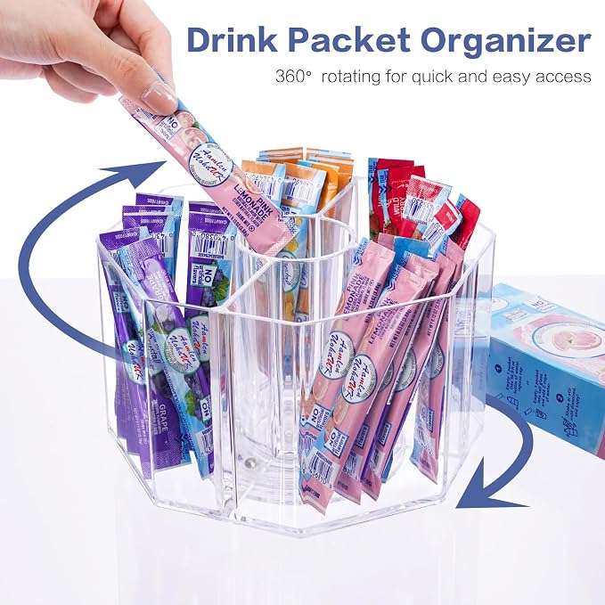 Drink Packet Organizer, 360 Degrees Rotating Acrylic Lazy Susan Organizer for Powdered Drink Mix Powder Packet, Water Flavor Packet Holder for Kitchen Pantry Storage, 5-Section - Image 4