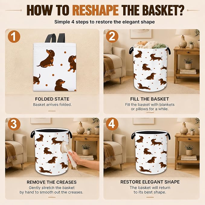 Dachshund Foldable Laundry Hamper with Handles,Cute Dog Oxford Clothes Storage Basket, Portable Laundry Basket Organizer for Laundry Room Bedroom Bathroom Dorm,20.8x16 Inch - Image 6