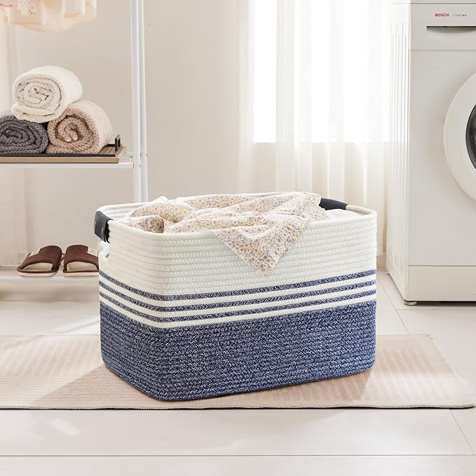 100L Woven Laundry Basket Hamper with Leather Handles,Denim Blue - Image 3