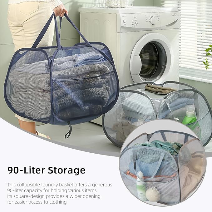 Collapsible Laundry Basket 90L, Mesh Pop-up Hamper, Black 2PCS - Image 5