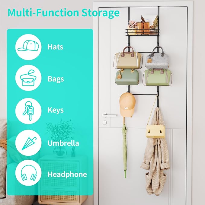 HapiRm Over The Door Purse Organizer - Wall Mounted Purse Rack with 10 Hooks and Metal Basket, Hanging Handbag Organizer Holds up to 10 Bags, Bag Rack Can Use As 1/2 Part, for Door, Closet (Black) - Image 5