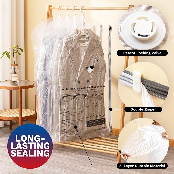 Hanging Vacuum Storage Bags, Space Saver for Clothing, 6 Combo with Pump | Vacuum Seal Bags for Clothing with Electric Pump, Hanging Garment Storage for Jackets, Suit, Dresses, Winter Closet Organizer - Image 3