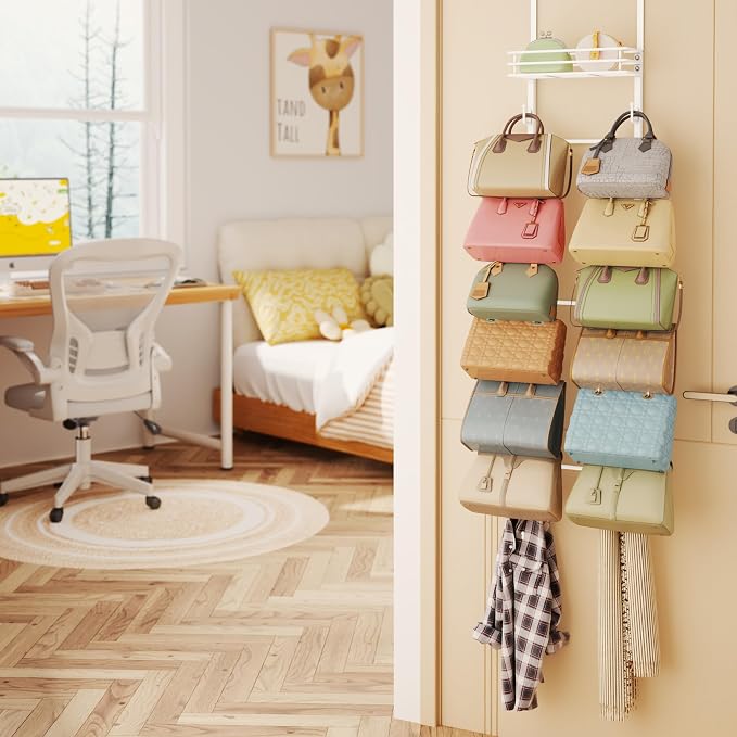 HapiRm Over the Door Purse Organizer - Wall Mounted Purse Rack with 16 Hooks and Metal Basket, Hanging Handbag Organizer Holds up to 16 Bags, Bag Rack Can Use As 1/2 Part, for Door, Closet (White) - Image 7