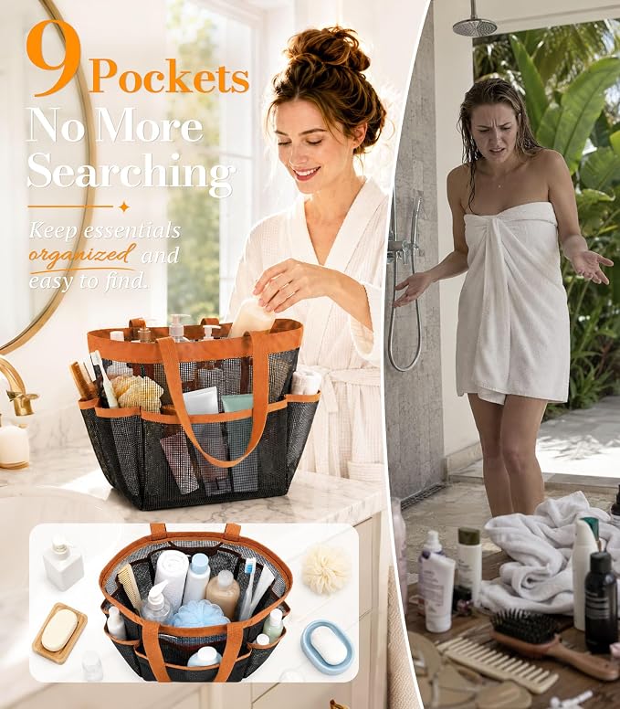 Mesh Shower Caddy for College Dorm Essentials, Large 9-Pocket Shower Basket - Image 4