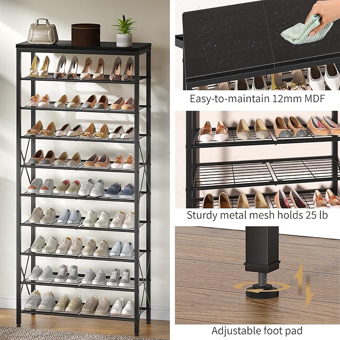10-Tier Shoe Rack Organizer, Large Shoe Shelf with Metal Shelves, X Frames, Adjustable Shelves, Holds 40 Pairs, Black - Image 5