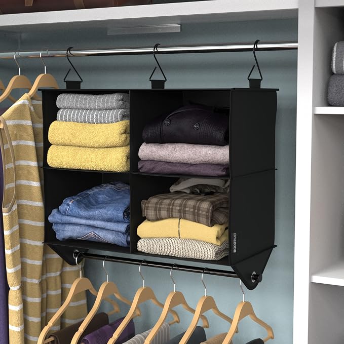 ClosetMaid 4-Shelf Fabric Hanging Closet Organizer with Garment Rod for Shirts, Sweaters, Pants, Hats, Shoes, Purses with Charcoal Black Finish - Image 3