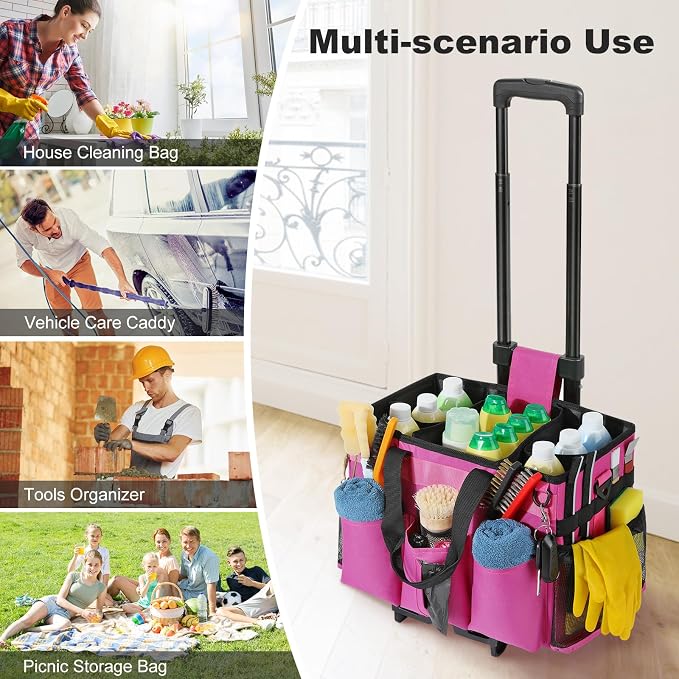 Housolution Rolling Cleaning Caddy Bag with Wheels, Rose Red - Image 4