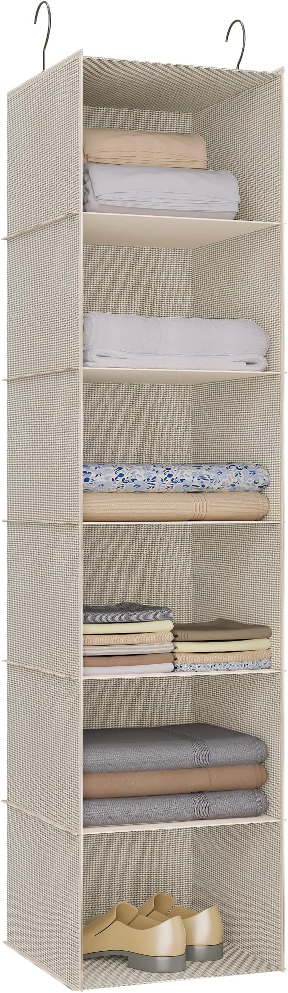 Hanging Closet Organizer 6-Tier, Oxford Wardrobe Storage, Beige Houndstooth | Easy-mount foldable design holds clothes, handbags, shoes & accessories; washable Oxford fabric, sturdy and space-saving. by DonYeco
