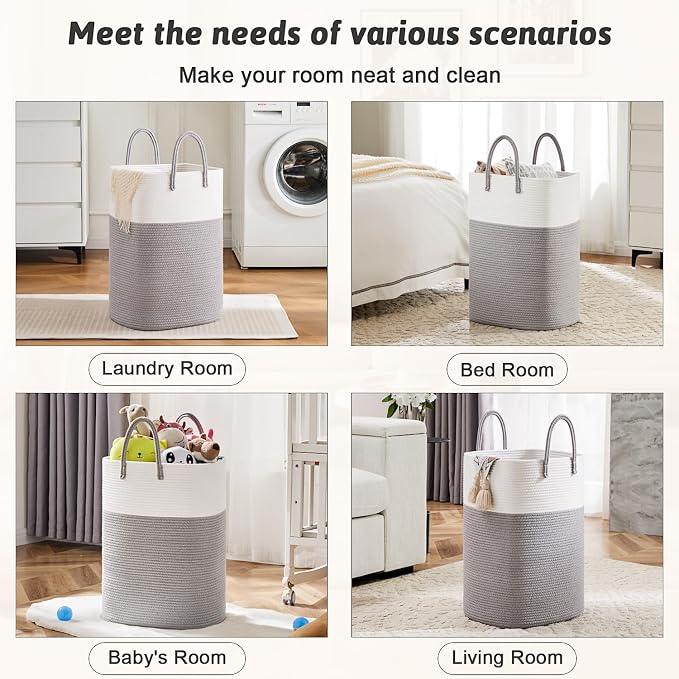 Laundry Basket,Woven Cotton Rope Laundry Hamper,Versatile Storage for Dirty Clothes,Baby Toys,and Blankets in Bathroom, Nursery,and Living Room (Grey, 100L) - Image 5