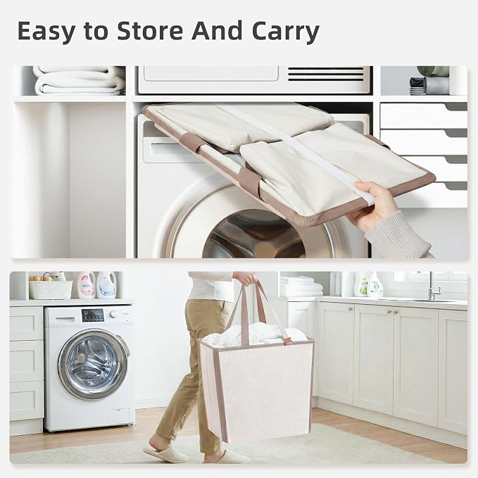 STORAGE MANIAC Collapsible Laundry Basket, 16.9 Gal. Large Pop-up Laundry Hamper with Long Carry Handles, Space-Saving Foldable Clothes Hamper with Bottom Elastic Band, Travel Laundry Bags, Oat Beige - Image 4