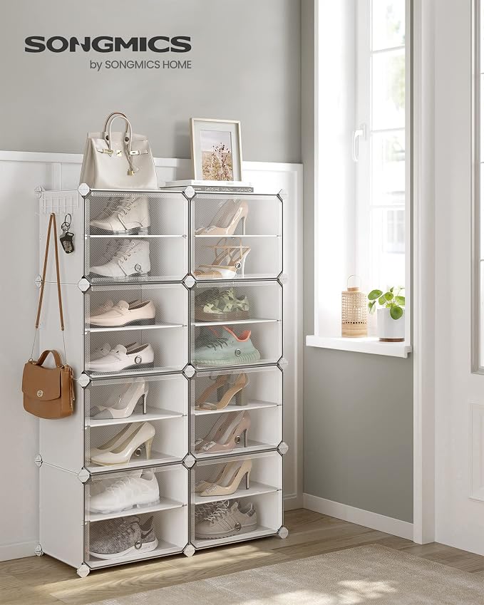 SONGMICS Shoe Rack, 8-Tier with Doors, 32-Pair Storage Cabinet | Shoe Organizer, Steel Frame, Plastic Panel, Bedroom, Entryway, Cloud White and Transparent, DAMION Collection ULPC034W01 - Image 2
