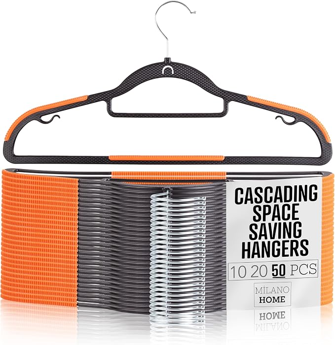 Plastic Hangers 50 Pack, Cascading Slim Space Saving Clothing Hangers with 360° Rotating Hook, Non Slip Clothes Hangers for Sweater Shirt, Heavy Duty Coat Hanger with Inner Hook for Closet, Black by milanohome