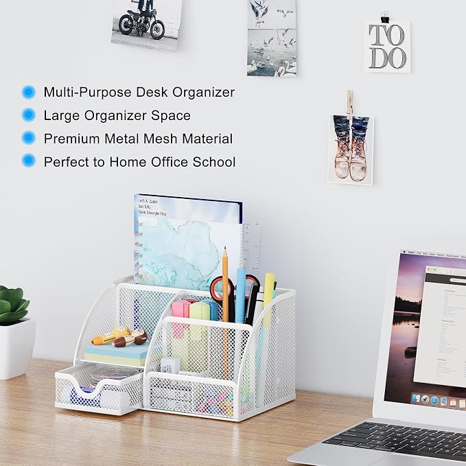 EasyPAG Mesh Desk Organizer with Drawer Multi-functional Pen Holder Stationery Organizer for Office School Supplies 6 Compartments Dorm Organizers and Storage for Desk, White - Image 2