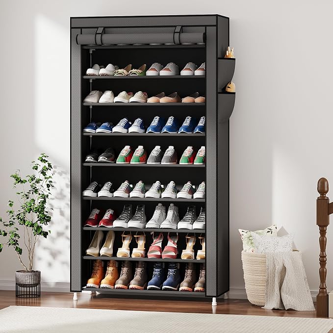 Laiensia 9-Tier Vertical Shoe Rack Organizer, Space Saving Shoe Storage Organizer, Non-Woven Cover Shoe Shelf Holds 36-45Pairs for Bedroom, Hallway, Closet Entryway, Grey - Image 2