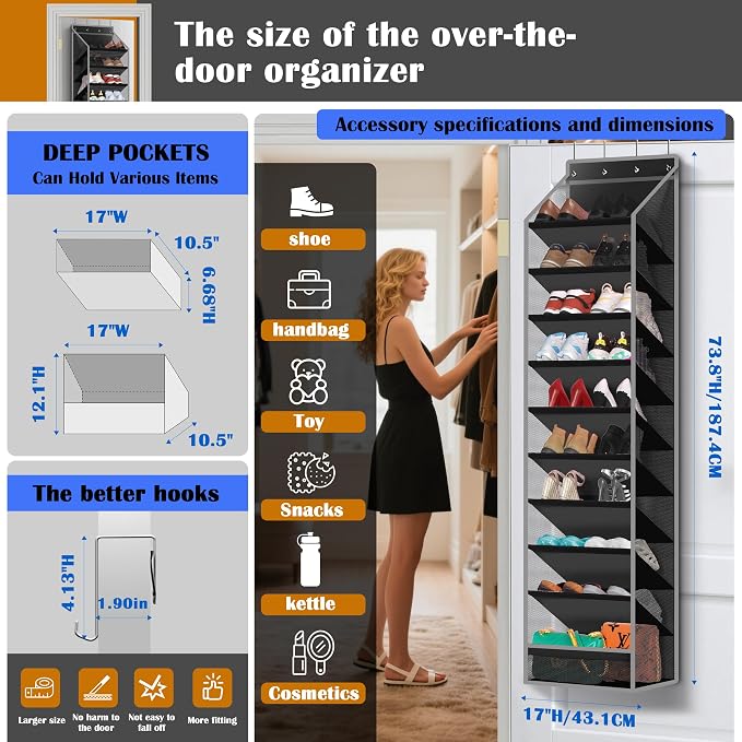 10 - Pocket Over - the - Door Hanging Shoe Organizers & Rack, Made of Sturdy 600D Oxford + Non - Woven Fabric, Space - Saving Storage for Shoes, Boots & More (Black) - Image 2