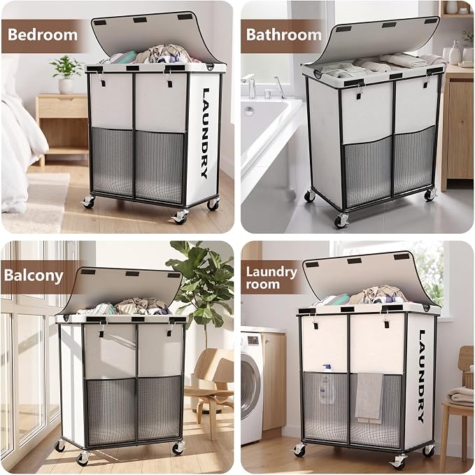 Laundry Hamper with Wheels and Lid, 225L Large Rolling Laundry Basket White - Image 6