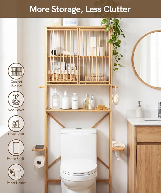 Afuly Bamboo Over the Toilet Storage Cabinet with Doors, Natural - Image 4